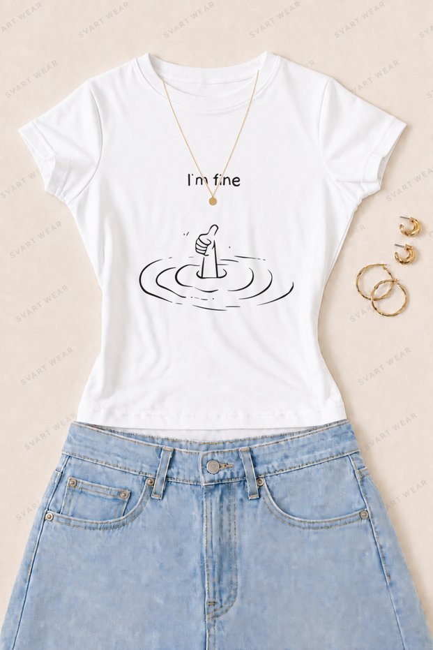 Women's I'M Fine Printed Cotton Lycra Slim Fit Body T-Shirt - White