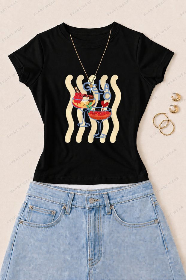 Women's Gelato Ice Cream Printed Cotton Lycra Slim Fit Body T-Shirt - Black