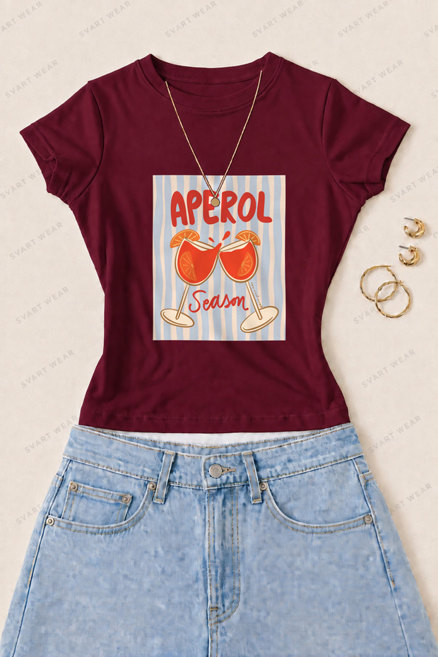 Women's Aperol Season Printed Cotton Lycra Slim Fit Body T-Shirt - Burgundy