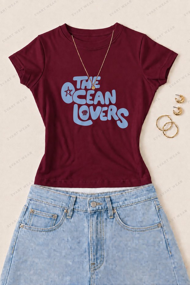 Women's the Ocean Lovers Printed Cotton Lycra Slim Fit Body T-Shirt - Burgundy