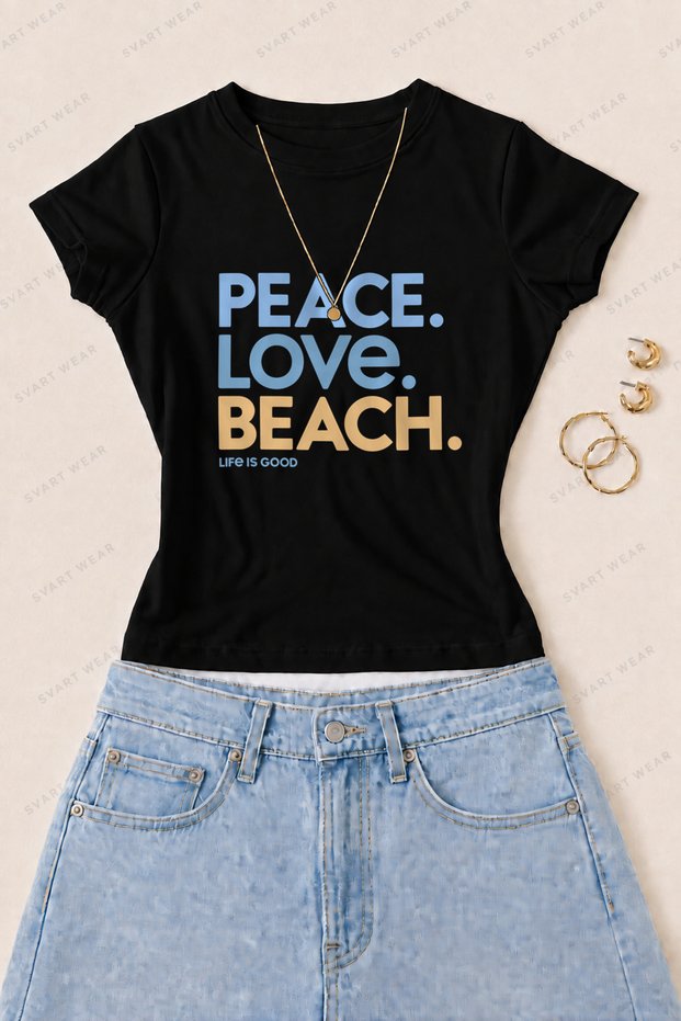 Women's Peace Love Beach Printed Cotton Lycra Slim Fit Body T-Shirt - Black