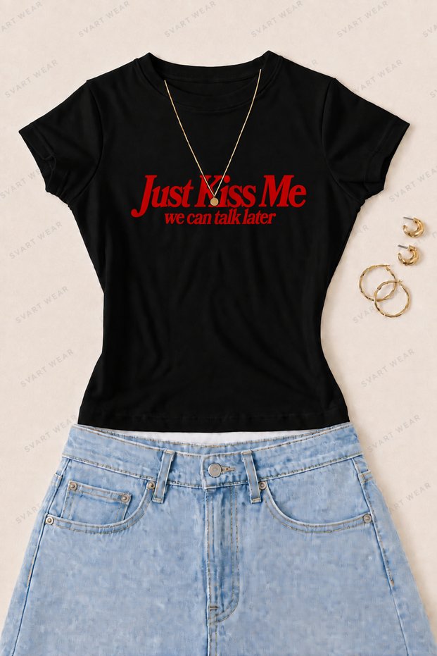 Women's Just Kiss Me Printed Cotton Lycra Slim Fit Body T-Shirt - Black