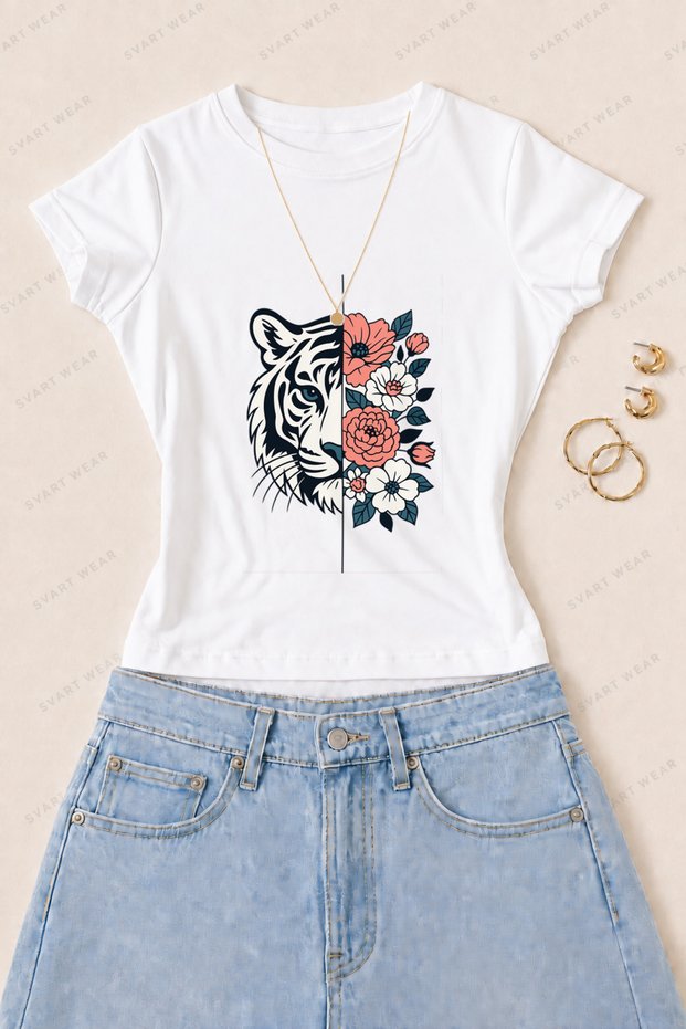 Women's Tiger and Flower Printed Cotton Lycra Slim Fit Body T-Shirt - White