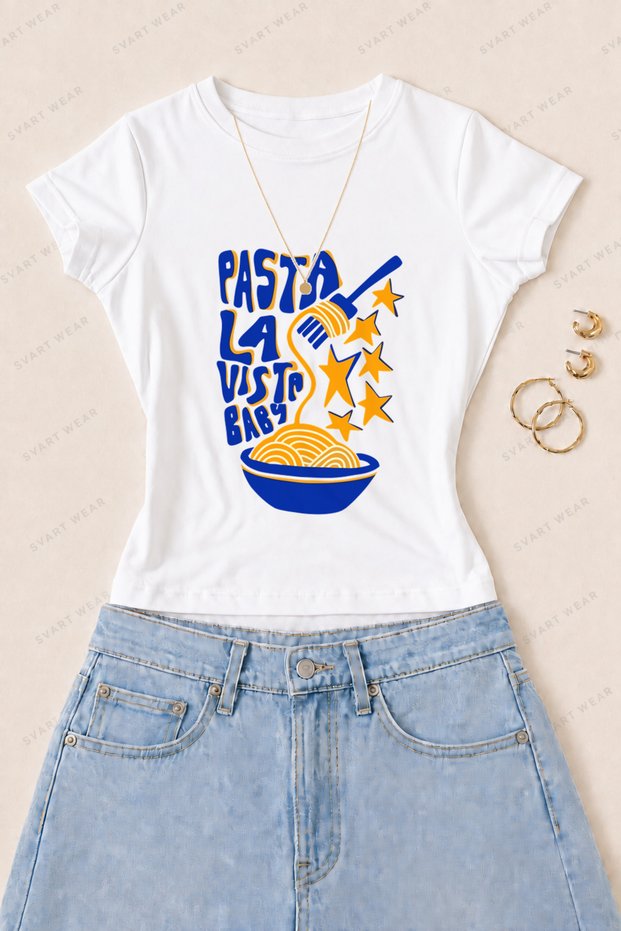 Women's Pasta La Vista Printed Cotton Lycra Slim Fit Body T-Shirt - White