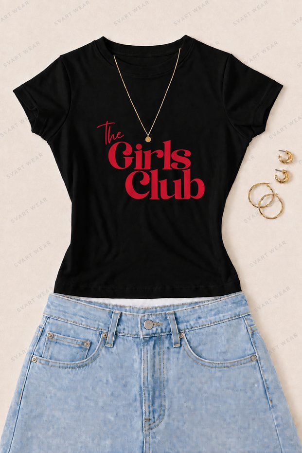 Women's the Girls Club Printed Cotton Lycra Slim Fit Body T-Shirt - Black