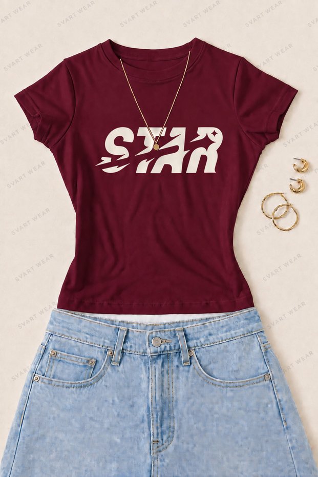 Women's Star Typography Printed Cotton Lycra Slim Fit Body T-Shirt - Burgundy