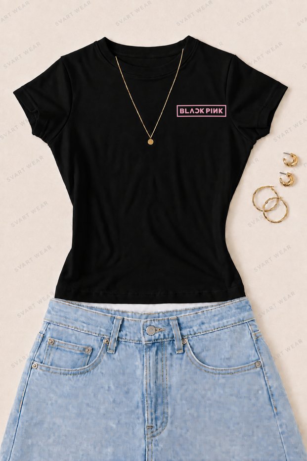 Women's Blackpink Text Printed Cotton Lycra Slim Fit Body T-Shirt - Black