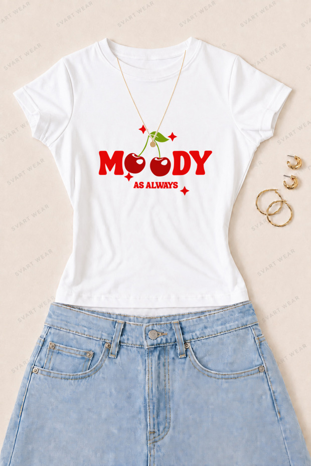Women's Moody Cherry Printed Cotton Lycra Slim Fit Body T-Shirt - White