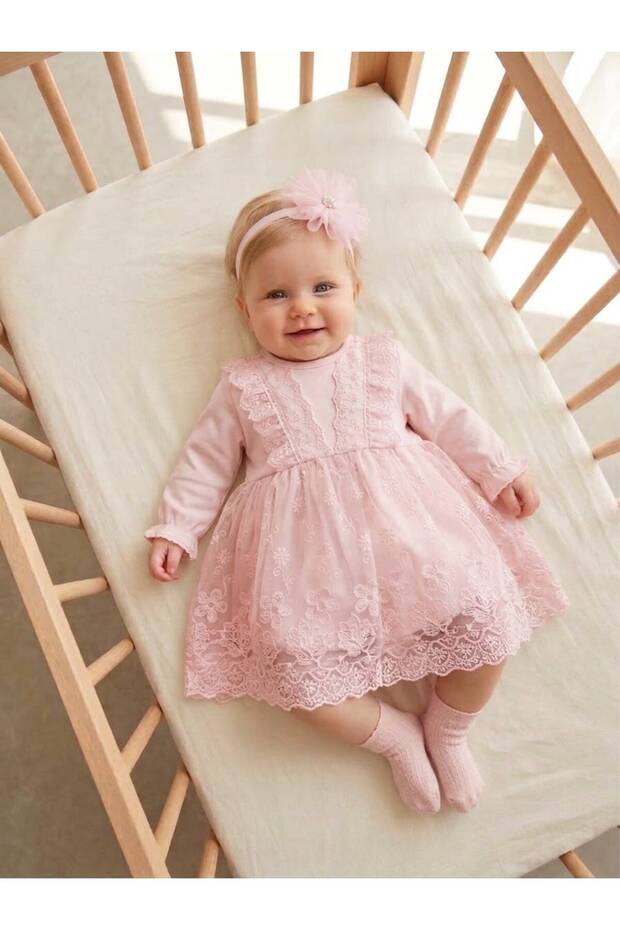 Baby Girl Mevlütlük Dress with Bandana and Lace Newborn Hospital Release Wedding Dress Evening Dress Mevlitlik 100% Cotton 4040