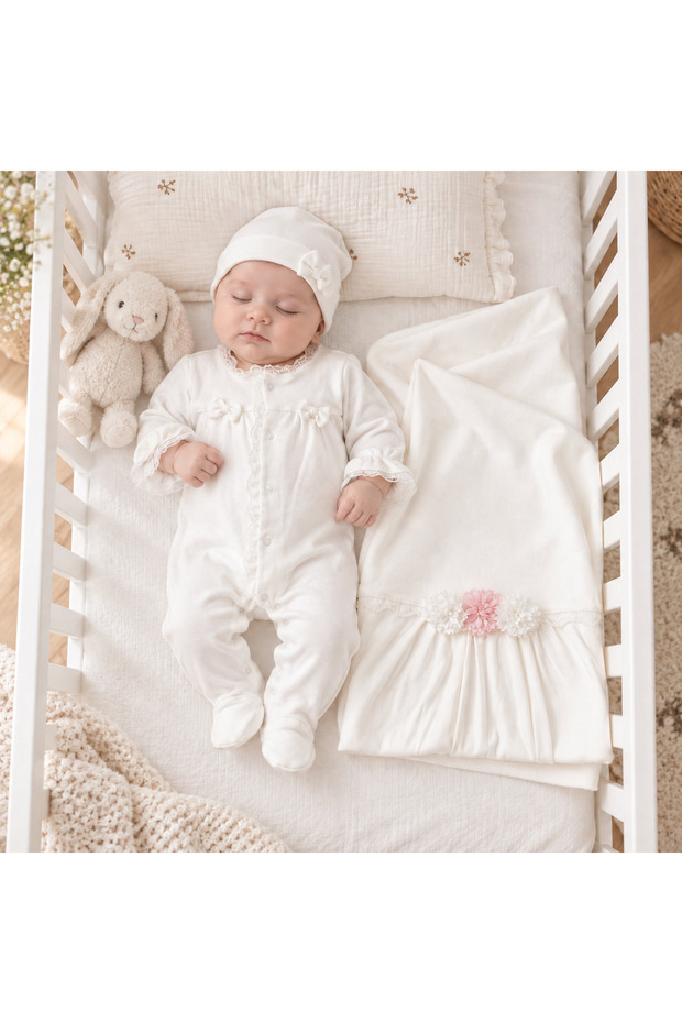 Lucy 0-3 Months Baby Girl Hospital Discharge Set | Bowknot Lace Detailed Jumpsuit Hat Blanket Set | Newborn Pink 3-Piece Baby Set