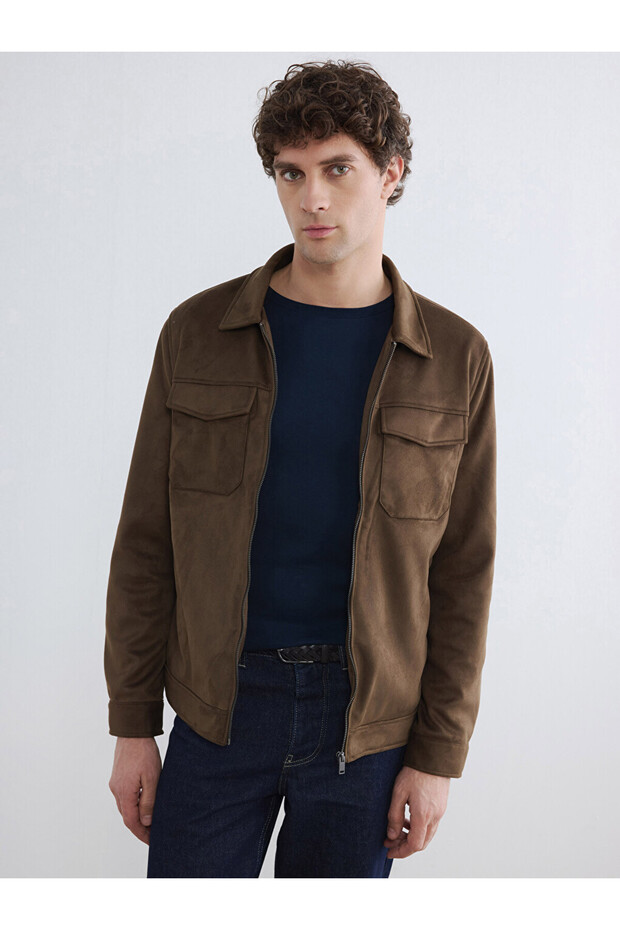 Peak New Season Khaki Regular Fit Shirt Collar Men's Suede Coat