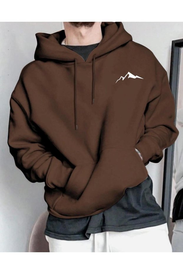 Hooded Minimal Drawing Mountain Printed 2 Yarn Shardooned Oversize Men's Sweatshirt