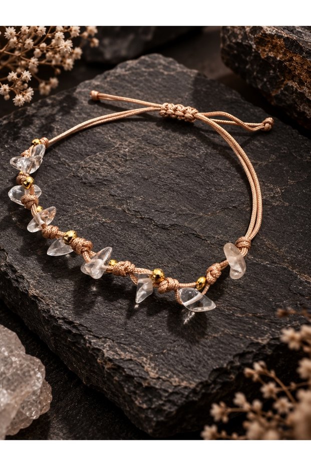 Natural Crystal Quartz Cracked Stone Gold Beaded String Adjustable Bracelet