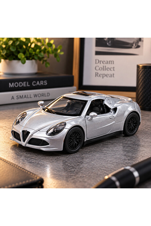 1:32 Scale Metal Alfa Romeo 4C Model Car – Pull Back, Openable Front Doors, Silver