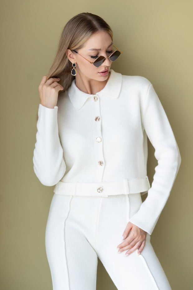 Women's Button Detailed Belted Top and Bottom Knitwear Set