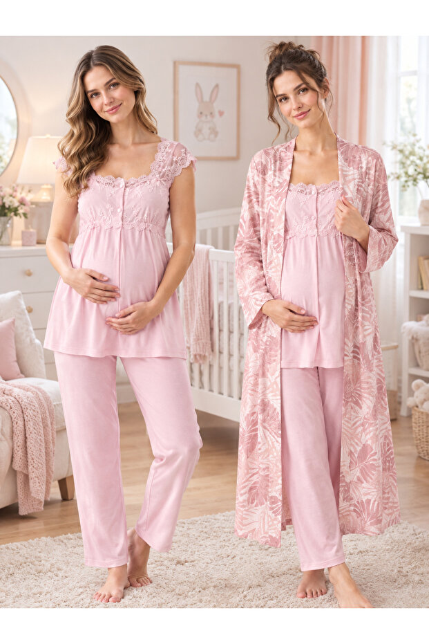 Patterned Dressing Gown Maternity Pajama Set Effortt