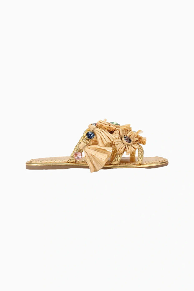 Roxie Leather and Raffia Detailed Flat Women's Sandals