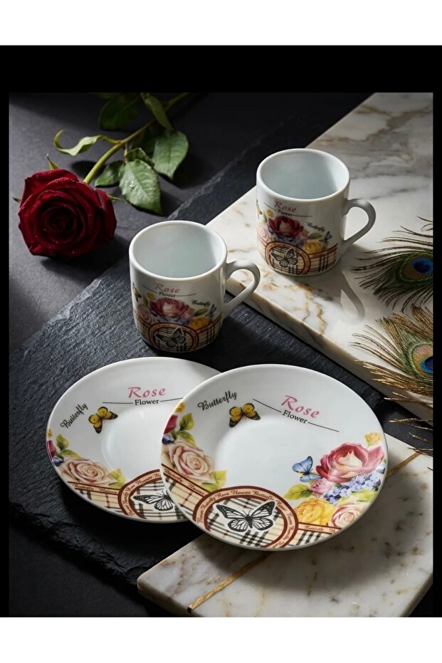 Rose, Butterfly and Plaid 2-Person Cup Set