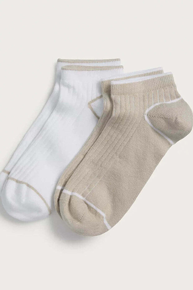 2-Piece Stripe Detailed Sneaker Socks for Women - Beige - White, One Size