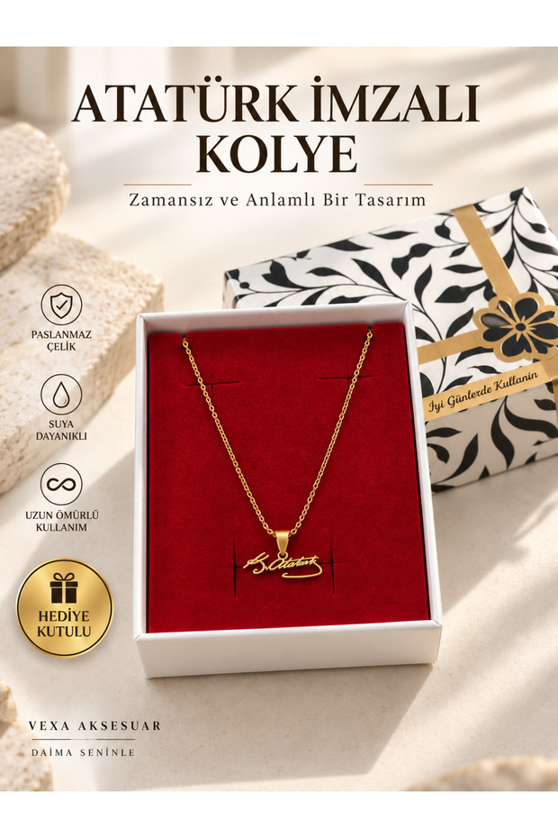 Ataturk Signed Steel Necklace Ghost Chain Women Men Unisex Gift in Box