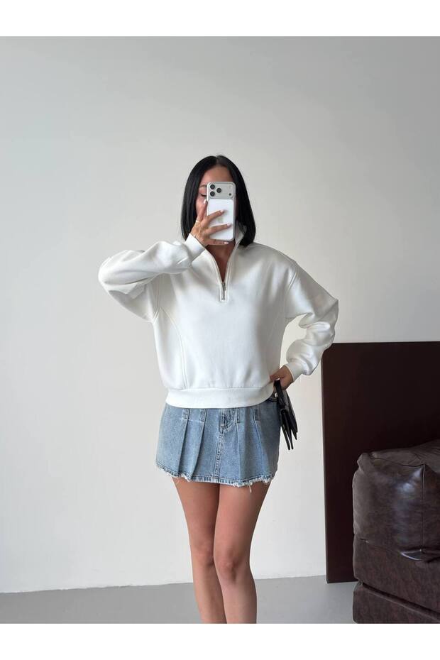 Women's White High-Neck Half-Zip Plain Basic Sweatshirt with Fleece Inside G99013