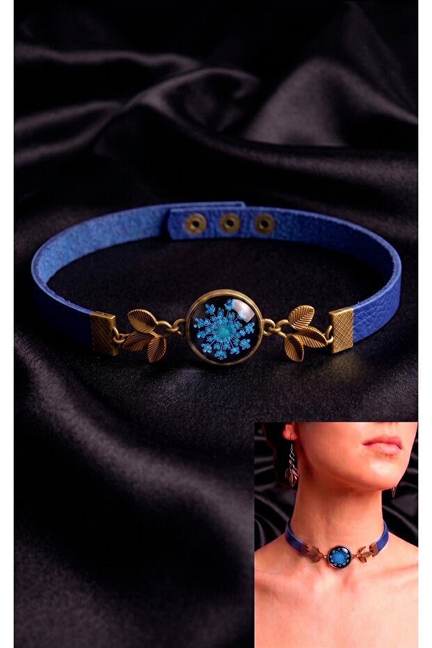 Original Leather Choker Necklace with Real Flowers
