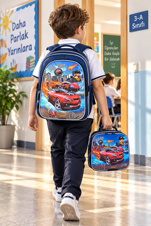 Red Car Themed Luxury Glittery Elementary School Bag Set of 2 Domestic Production Backpack and Lunch Bag