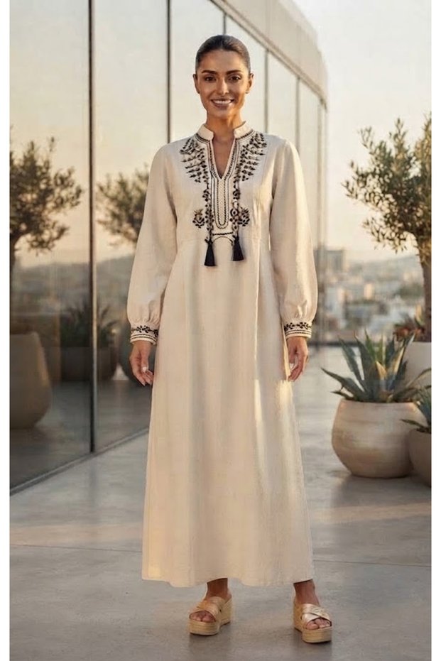 Women's Beige Embroidery Detailed Lapel Collar Loose Long Linen Dress