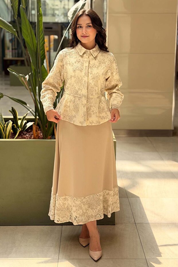 Guipure Flower Embroidered Shirt Skirt Set