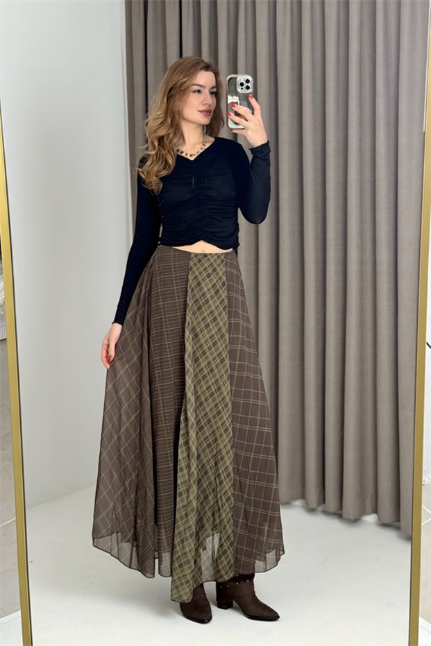 Khaki Chiffon Fabric Lined Double Color Detailed Comfortable Cut Patterned Casual Skirt