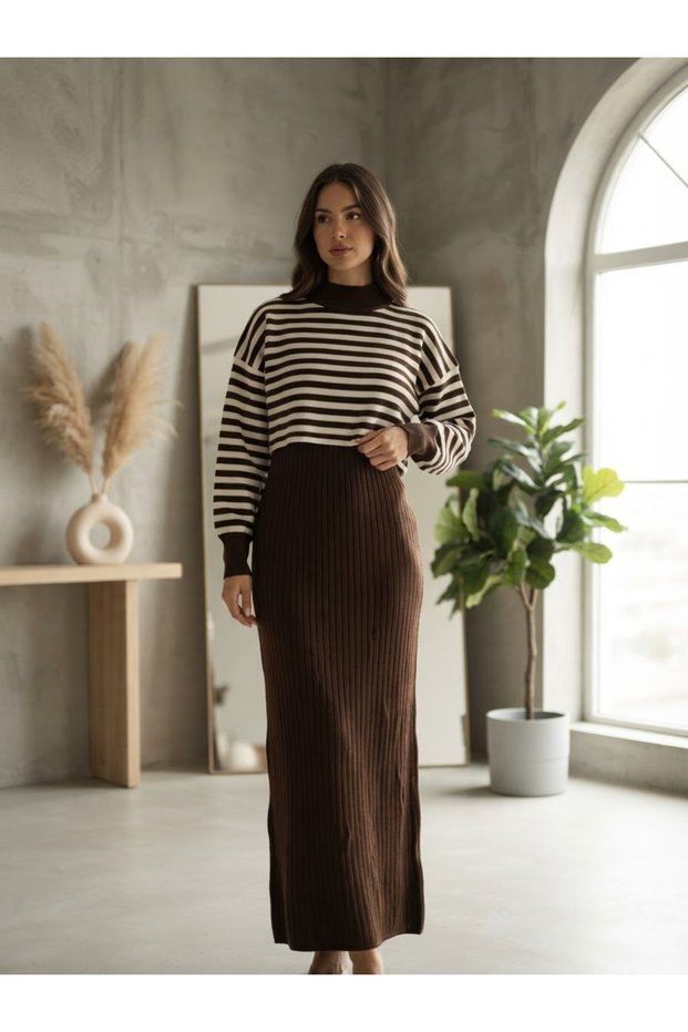 Women's Dress and Sweater Striped Knitwear Set