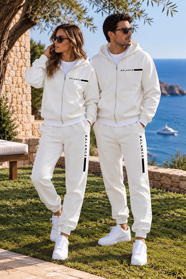 Balance Unisex White Hooded Zippered Tracksuit Set – Premium Couple Combination