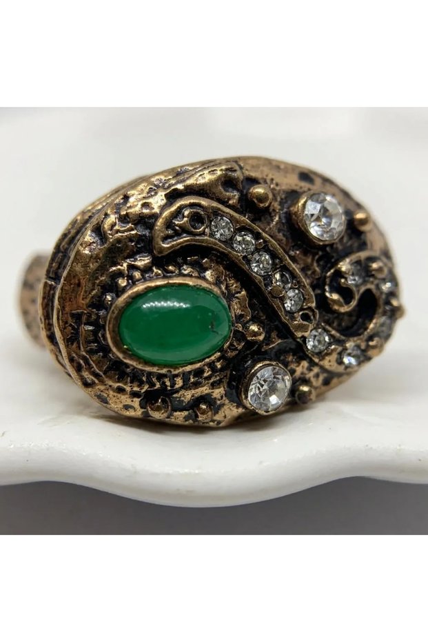 Bronze Women's Ring Authentic Copper Jewelry Green Zircon Stone Hürrem Seal Model Adjustable Vintage