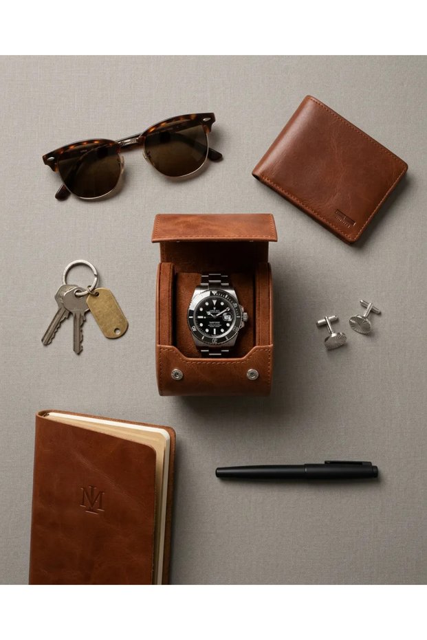 Genuine Leather Tan Brown Single Luxury Watch Roll and Travel Watch and Accessory Organizer Box
