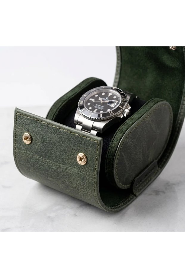 Genuine Leather Olive Green Single Luxury Watch Roll and Travel Watch and Accessory Organizer Box