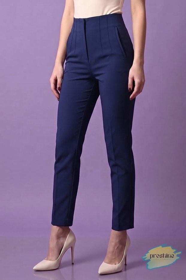 Women's High Waist Fabric Trousers – Pensli Zra Navy Blue Office Business Stylish