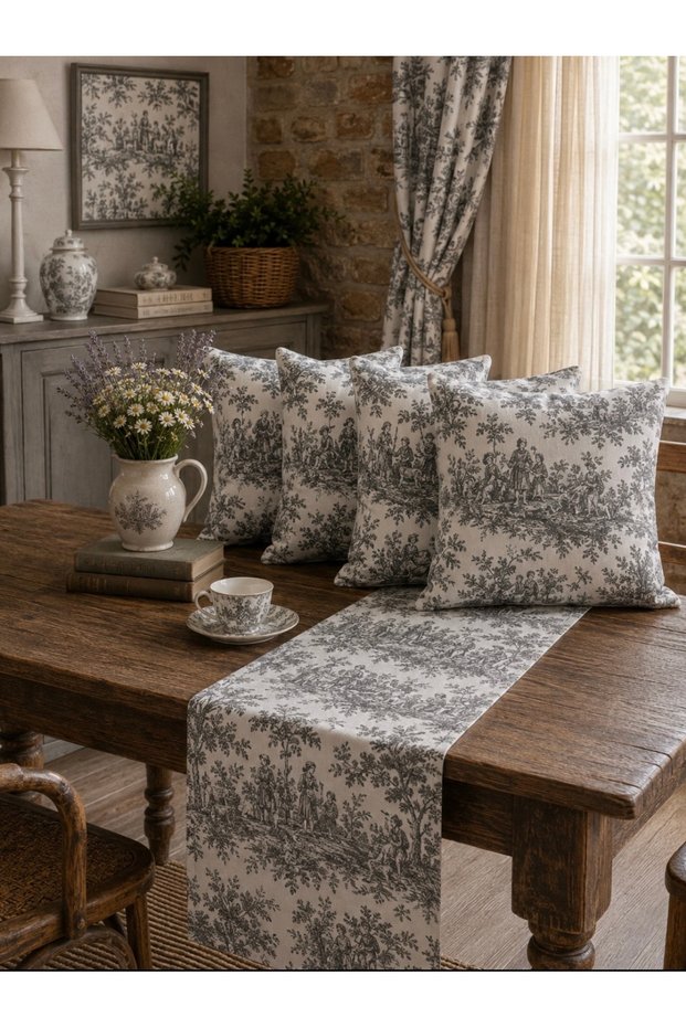 4+1 Vintage Set 4 Cushion Covers 1 Runner (5 Pieces)