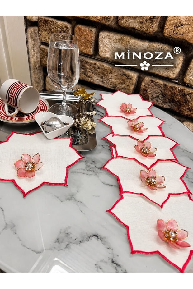 Star Shaped Colorful Embroidered Stain Resistant Fabric Presentation Napkin with Lotus Flower Brooch, Cocktail Napkin, Coffee Napkin, Coaster 6 Pieces