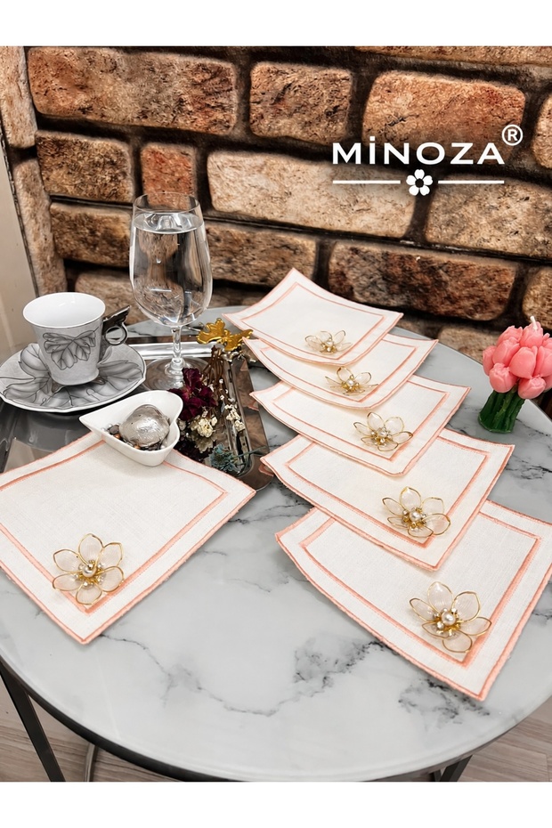 Square Double Row Colorful Embroidered Stain-Resistant Fabric Presentation Napkin with Lotus Flower Brooch, Cocktail Napkin, Coffee Side Napkin, Coaster 6 Pieces