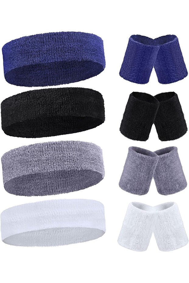 8-Pack Cotton Terry Cloth Sweatbands Set,Headbands and Wristbands for Sports and Workout,Blue,Black,Gray,White