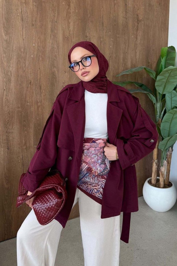 Styl Buttoned Half Trench Burgundy