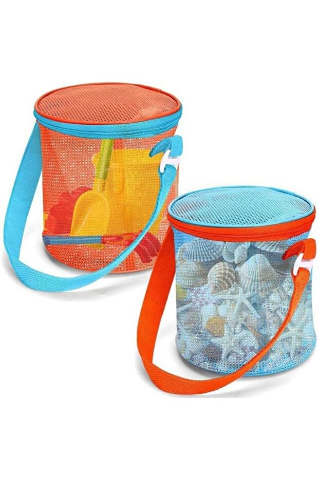 Mesh Sea Shell Bags for Beach,2 Piece Sand Toy Storage Bucket,Kids Shelling Collecting Tools