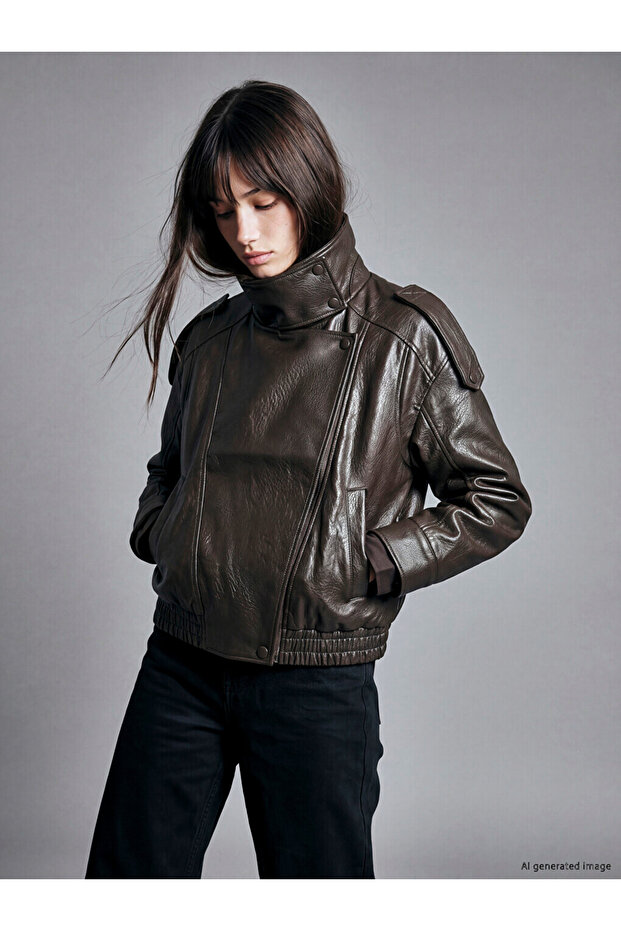 Esvab • Modern & Distinctive Stand Collar Women's Leather Look Coat