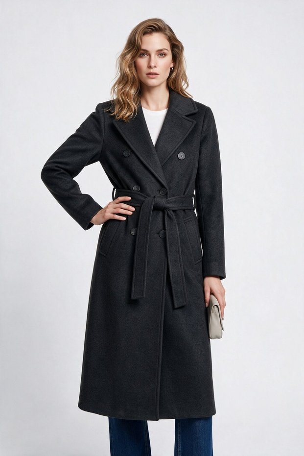 Women's Double-Breasted Belted Long Coat with Wide Turn-Down Collar