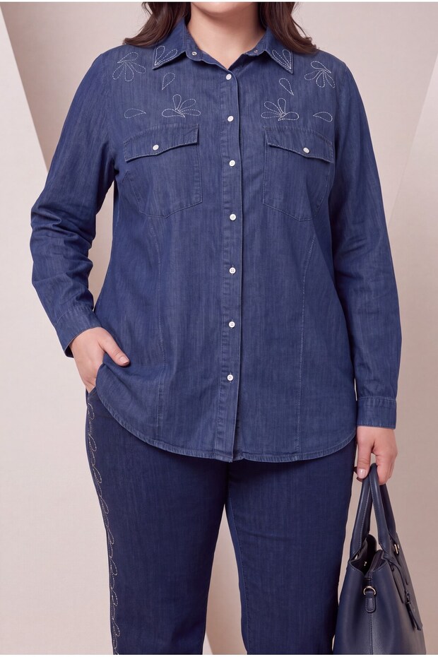 Stone Detailed Plus Size Cotton Shirt Navy Blue