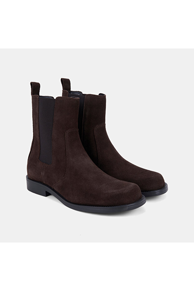 Women's Bitter Brown Rubber Detailed Suede Leather Chelsea Boots