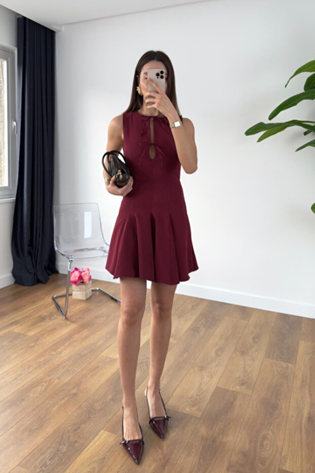 Burgundy Lace-Up Collar Dress - 3Y251049
