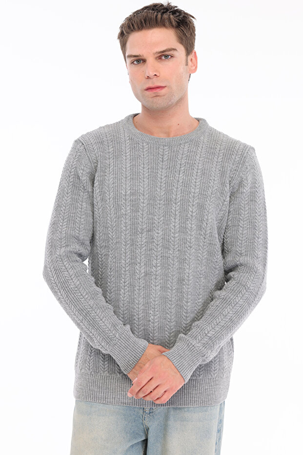 Gray Men's 80% Wool 20% Acrylic Thin Hair Knitted Patterned Crew Neck Knitwear Sweater Trist-5373