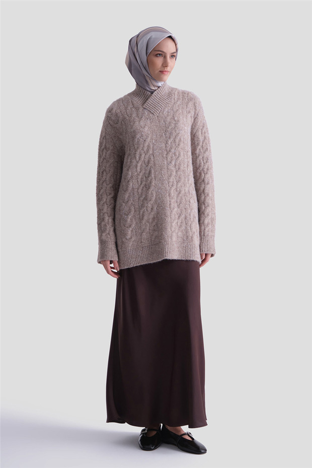 Hair Braid Patterned Sweater 25Kd6002 Ecru - Mink