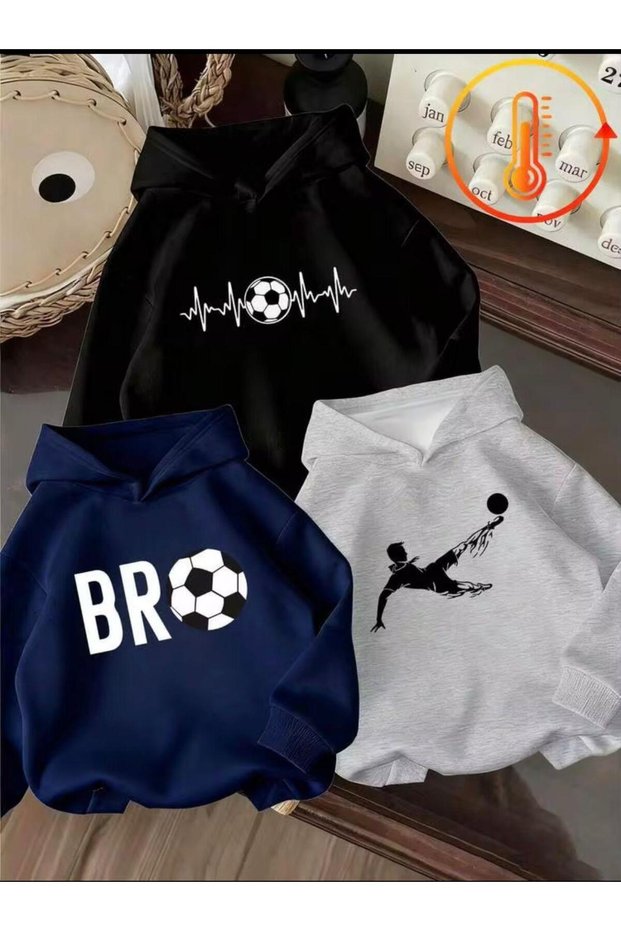 Boy's 3-Pack Hooded Football Player and Ball Printed Sweatshirt (Laci̇-Black-Grey)